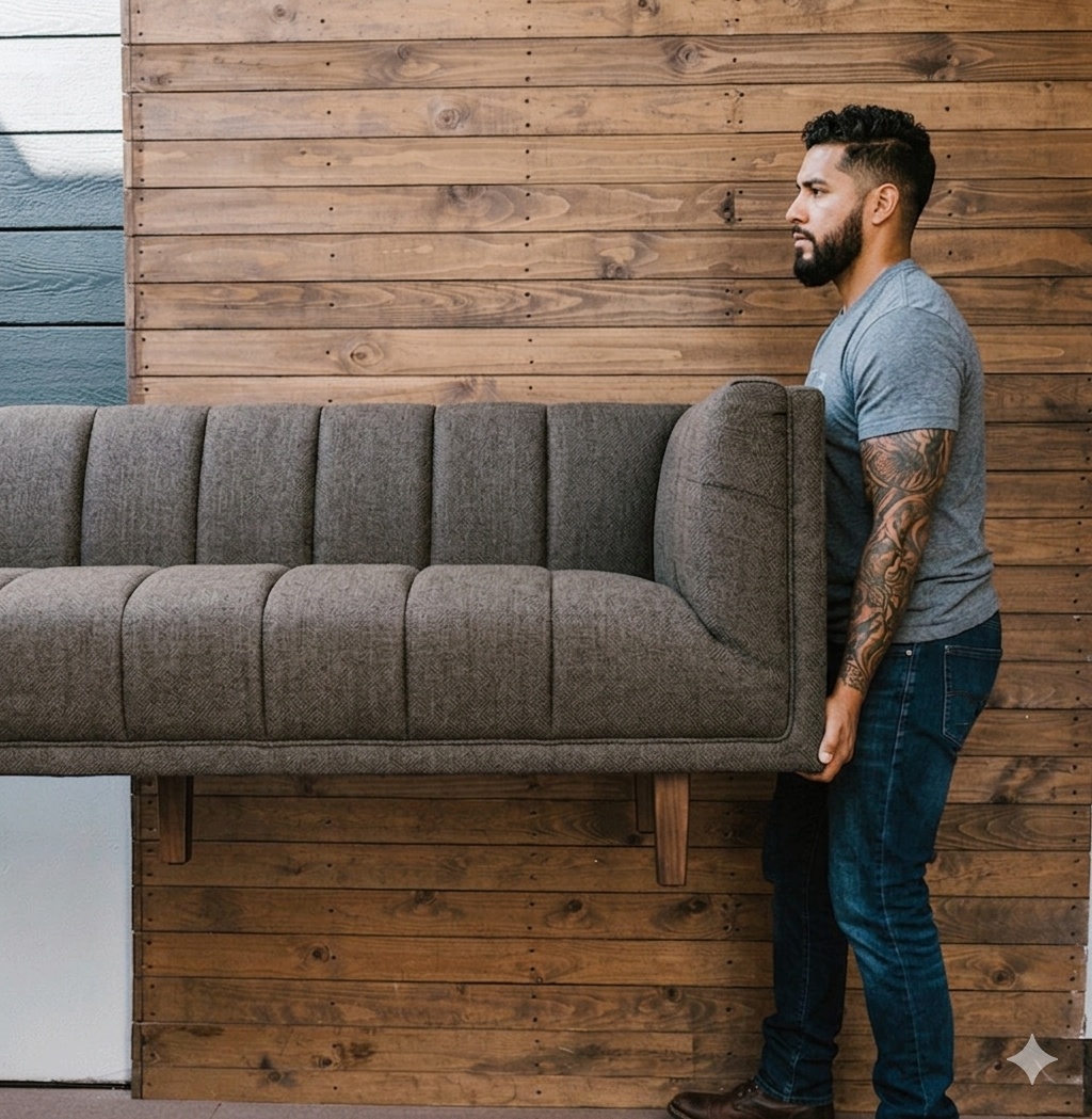 Professional donation pickup pro, carrying a couch to be taken to a donation center